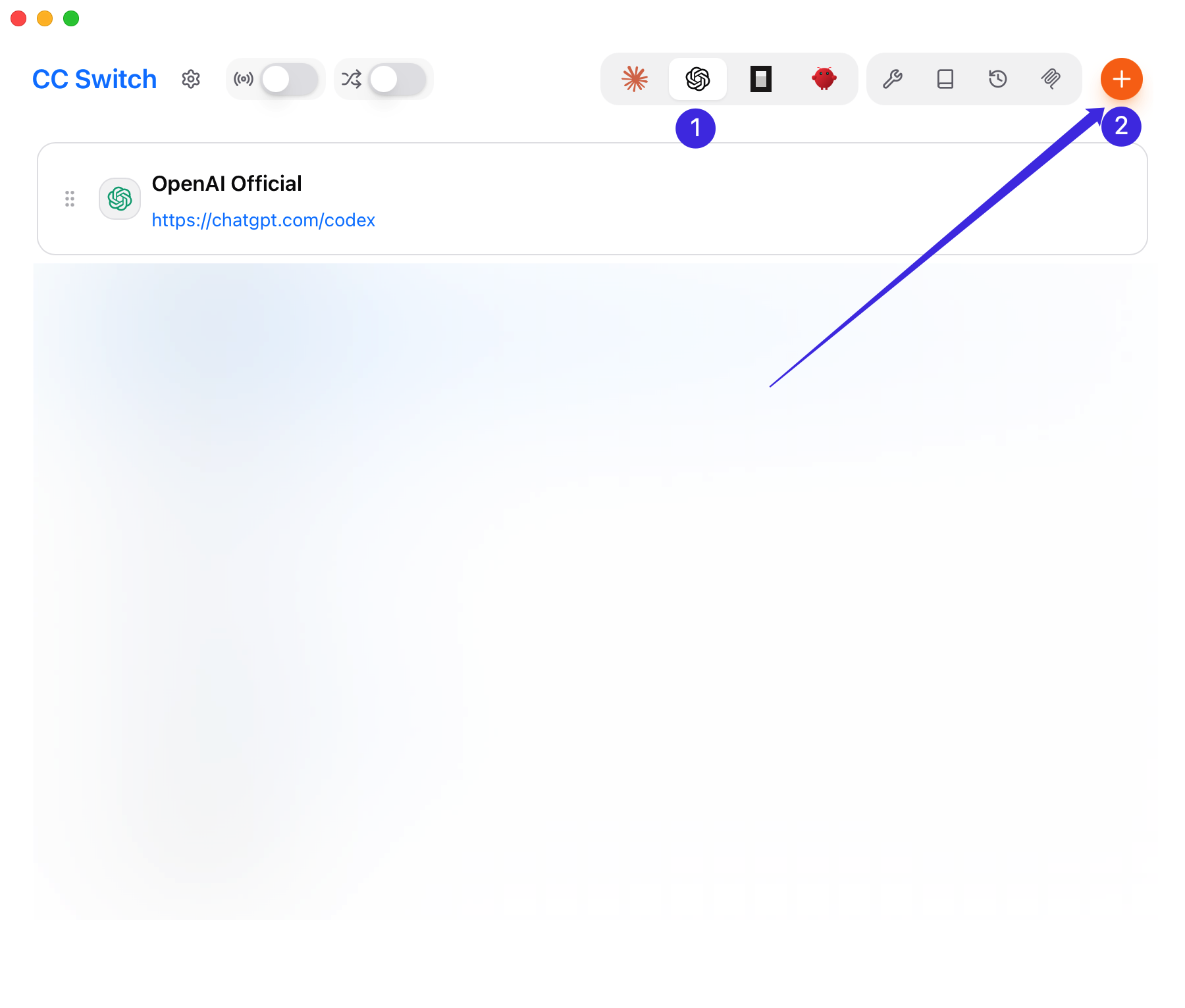 CC Switch 的 Codex 页面，顶部选中了 Codex，右上角加号按钮用于新增 provider。