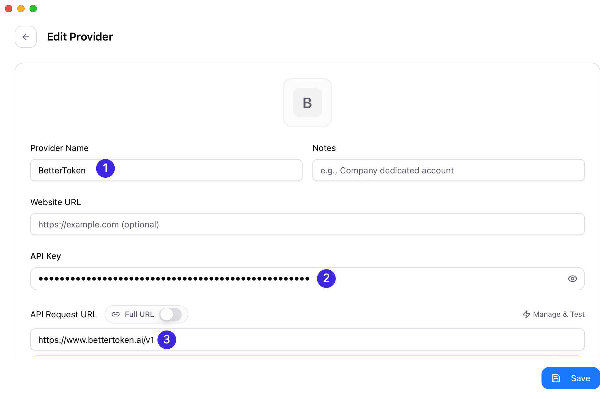 CC Switch 的 Codex provider 编辑页，标出了 Provider Name、API Key 和 Base URL 的填写位置。