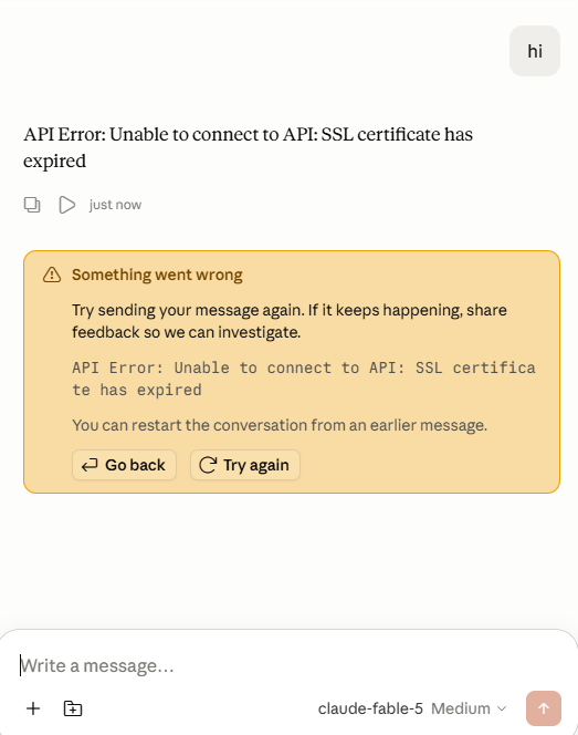 Claude Desktop показывает API Error: Unable to connect to API: SSL certificate has expired.