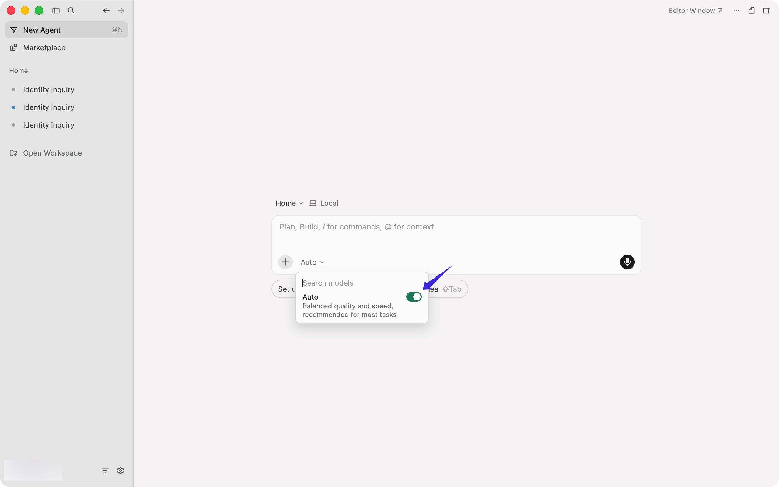 Cursor 对话界面中打开模型选择器，并关闭 Auto 模式。
