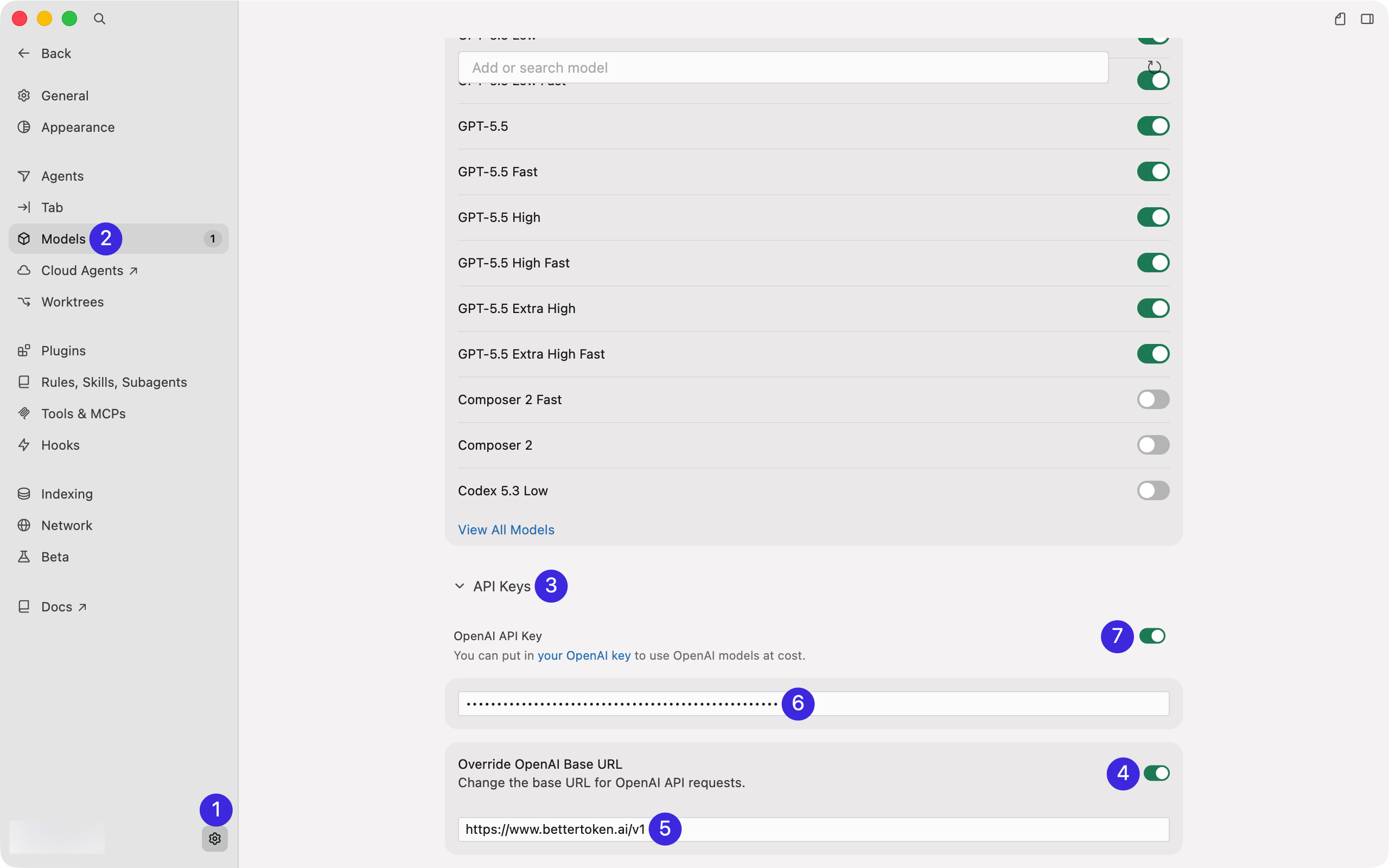 Cursor 设置页中，依次打开 Settings、Models、API Keys，并填写 OpenAI API Key 与 Override OpenAI Base URL。