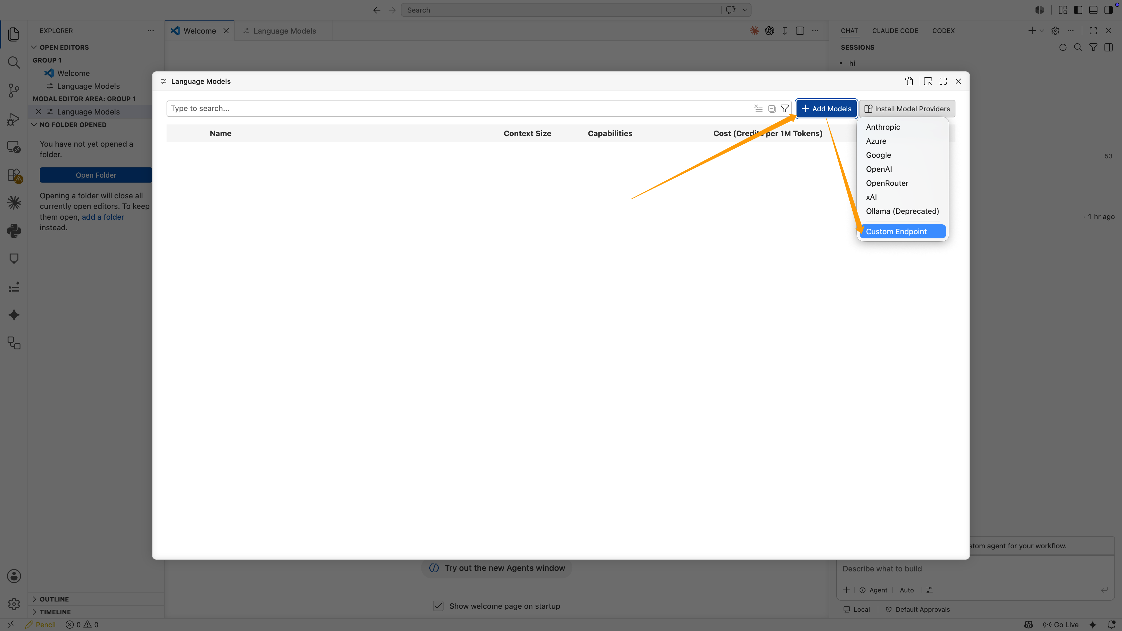 在 Language Models 界面中点击 Add Models 并选择 Custom Endpoint。