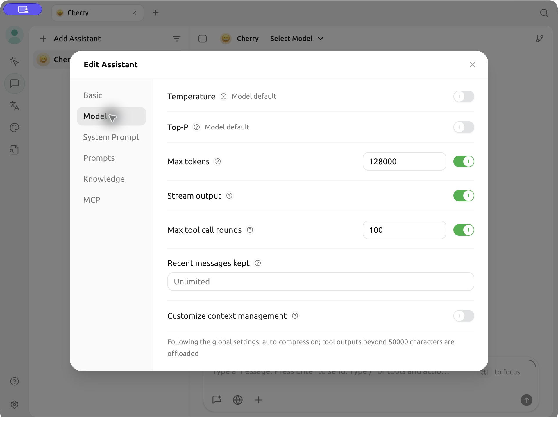 Model-Einstellungen eines Cherry Studio-Assistenten mit aktiviertem Stream output