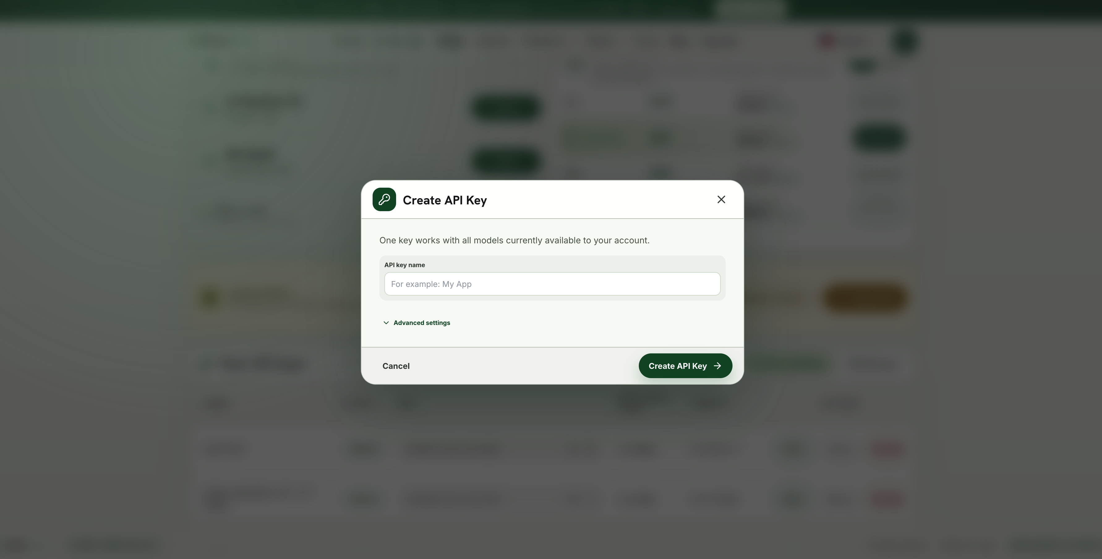 Create API Key 弹窗，包含 API key name、Advanced settings 和 Create API Key 按钮。