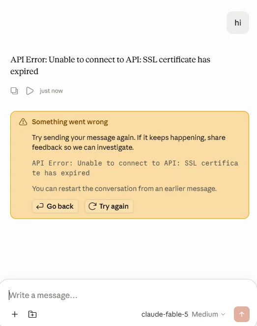 Claude Desktop 显示 API Error: Unable to connect to API: SSL certificate has expired。