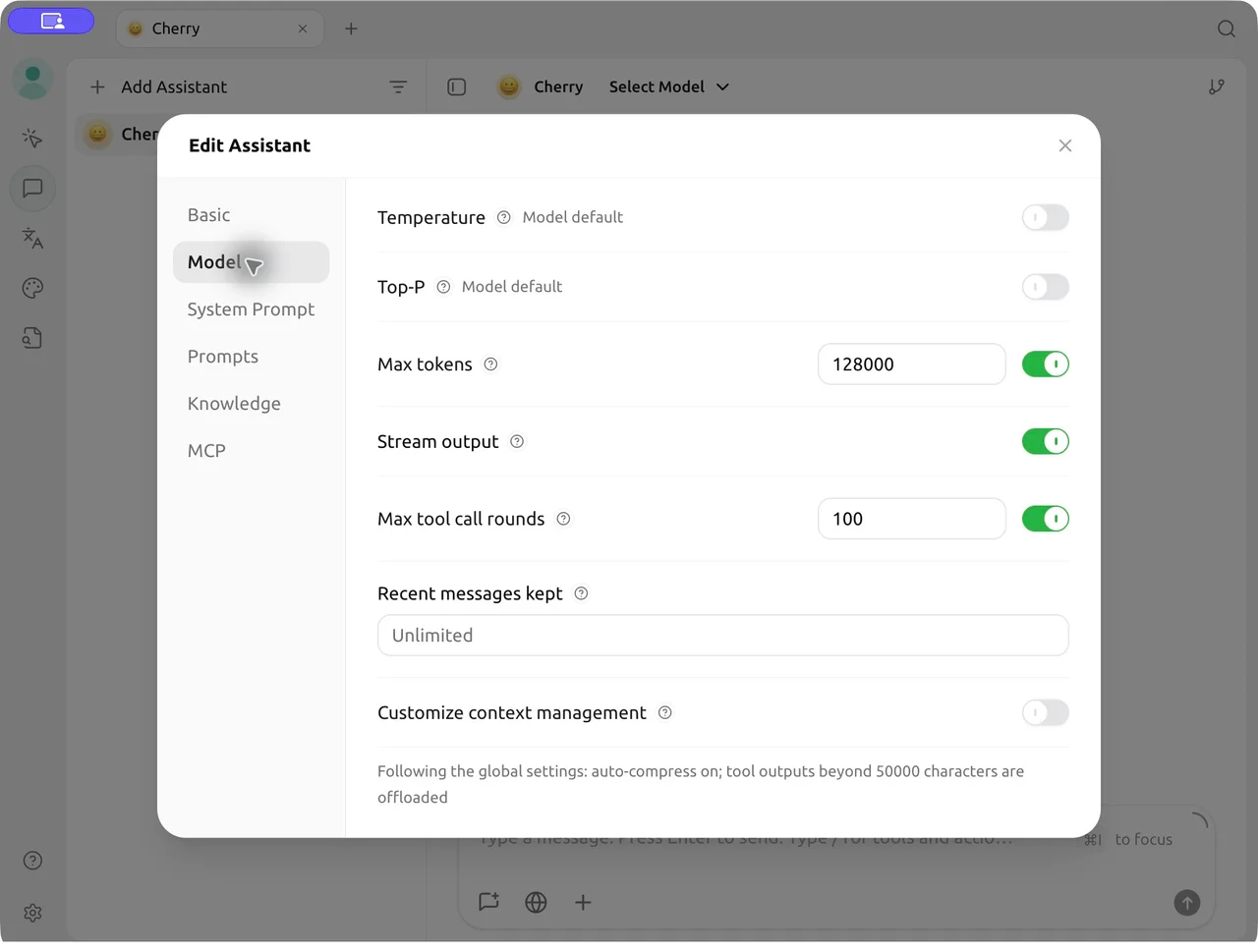 Configurações Model de um assistente do Cherry Studio com Stream output ativado